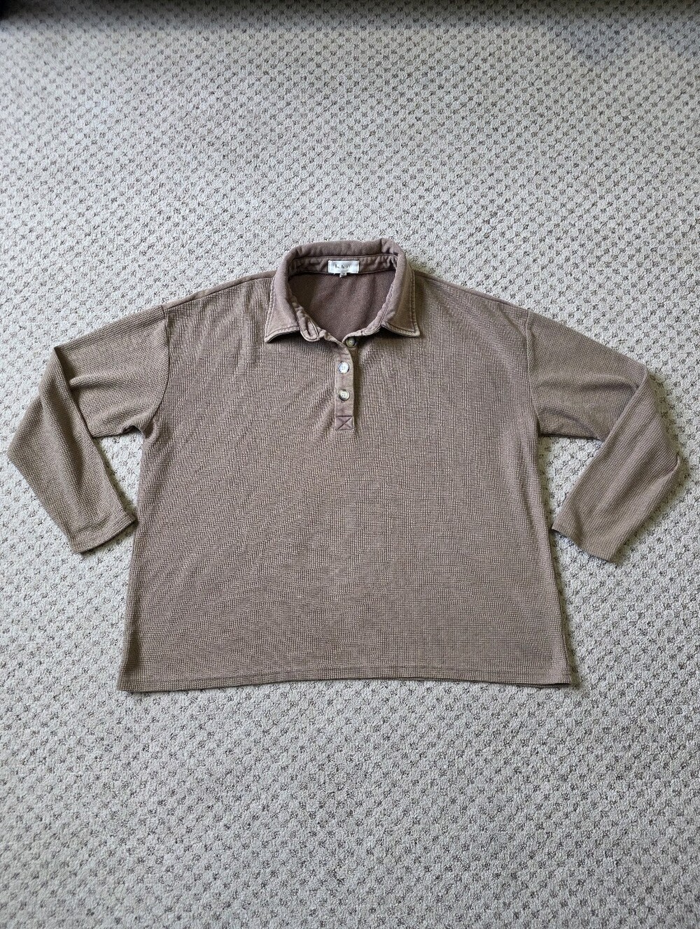 bohme Neutral Taupe Button Polo Long Sleeve Top
